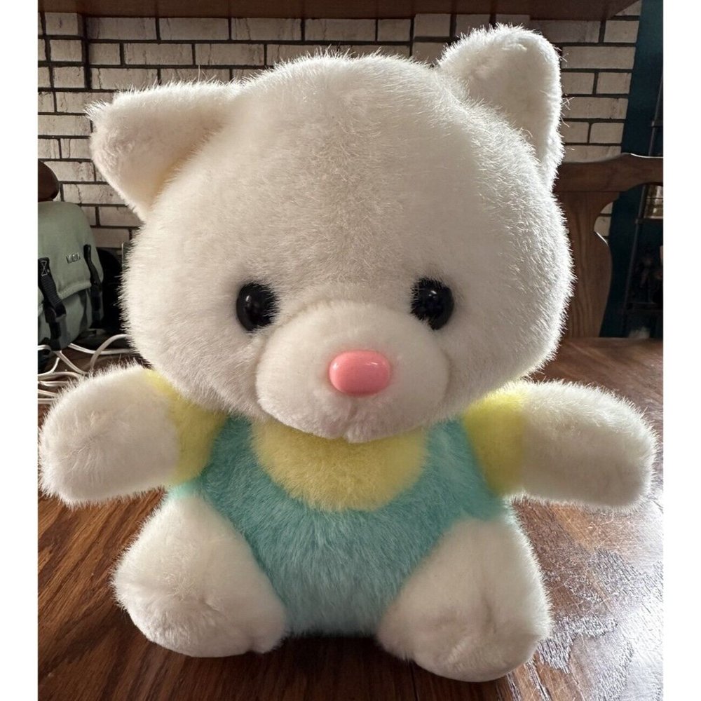 11"‎ KAYBEE CUTE KITTY CAT TURQUOISE YELLOW WHITE plush stuffed animal toy